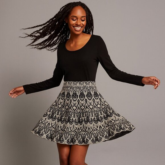 Cynthia Rowley Dresses & Skirts - Cynthia Rowley Medium Black Long Sleeve Sweater Dress Gothic Print Skirt Holiday